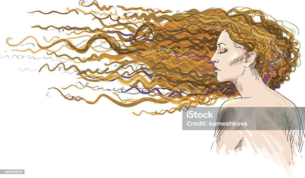 Ginger. Chica de pelo roja. Secador de soplado por el viento. - arte vectorial de Mujeres libre de derechos