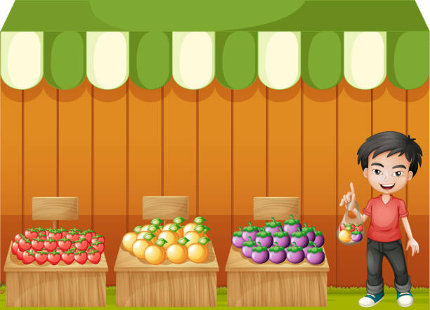 ilustrações, clipart, desenhos animados e ícones de loja de frutas com menino usando uma camisa vermelha - fruitstand
