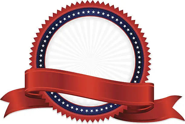Vector illustration of Patriotic red, white and blue sticker with a red ribbon