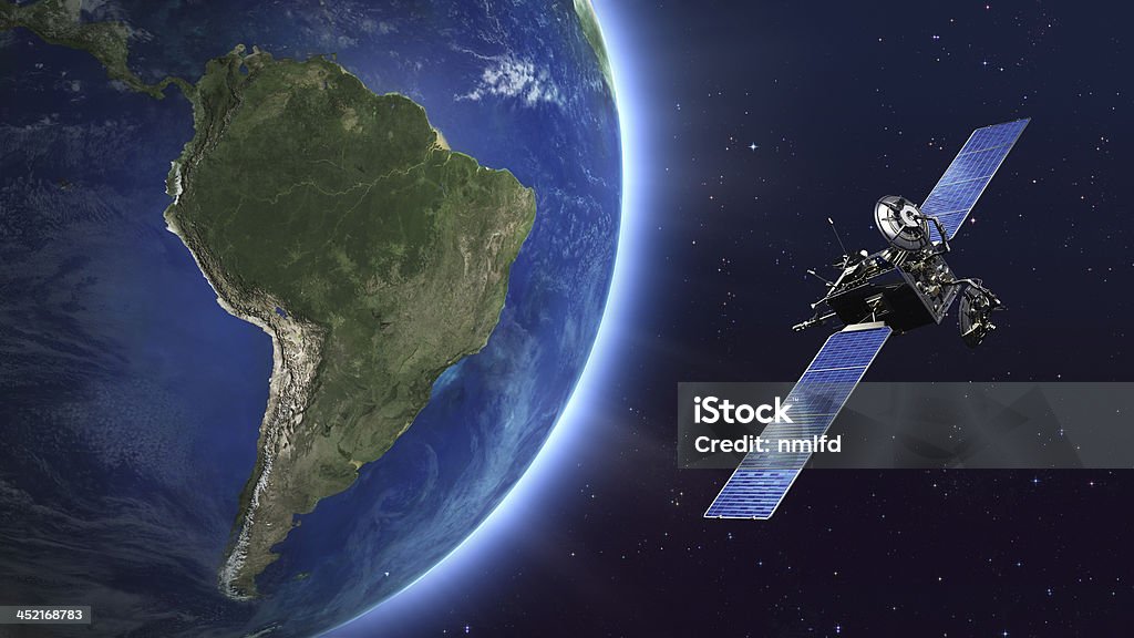 South America. Telecommunication satellite orbiting Earth. Highly detailed telecommunication satellite orbiting the Earth. Satellite and Earth models based on images courtesy of: NASA http://www.nasa.gov.  Satellite Stock Photo