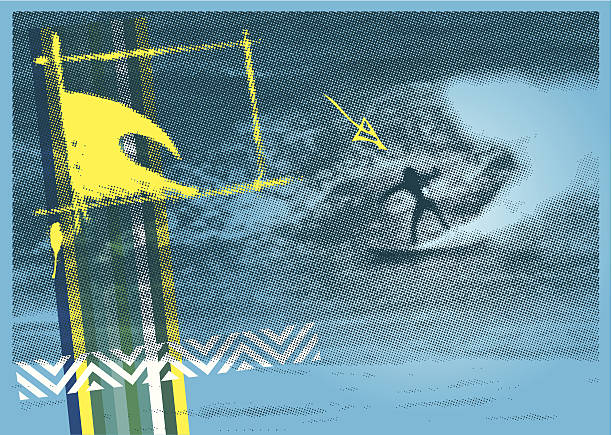surf poster with halftone surfer background vector art illustration