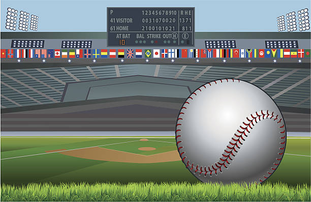 illustrazioni stock, clip art, cartoni animati e icone di tendenza di stadio di baseball e bandiere del mondo - baseballs baseball stadium athlete
