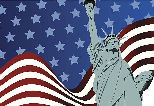 American flag and Statue of Liberty American flag and Statue of Liberty statue of liberty replica stock illustrations