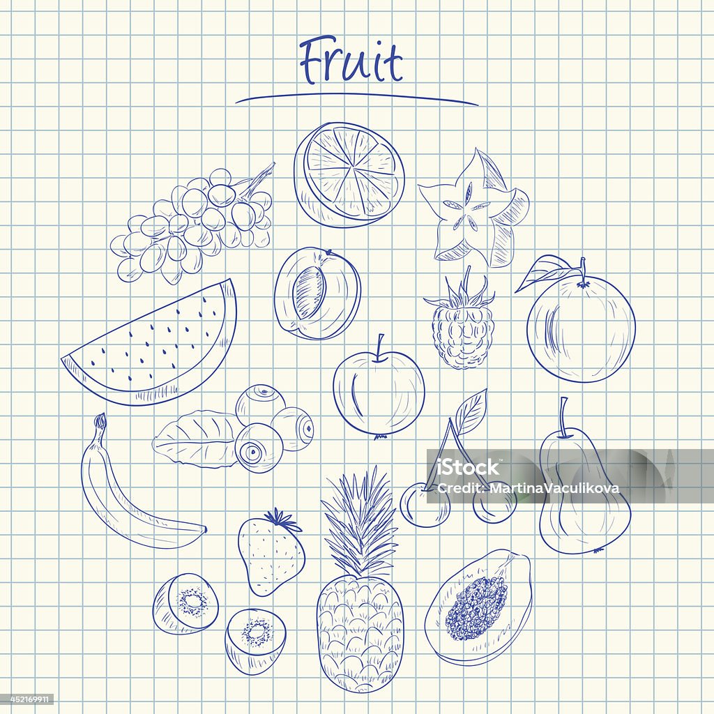 Frutas y garabatos de papel cuadrado - arte vectorial de Alimento libre de derechos