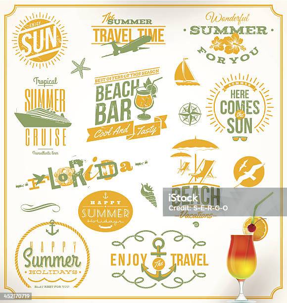Set Vettoriale Di Viaggi E Vacanze Emblemi Scritta - Immagini vettoriali stock e altre immagini di Luce solare - Luce solare, Sole, Timbro