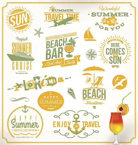 Vector illustration of Vector set of travel and vacation lettering emblems
