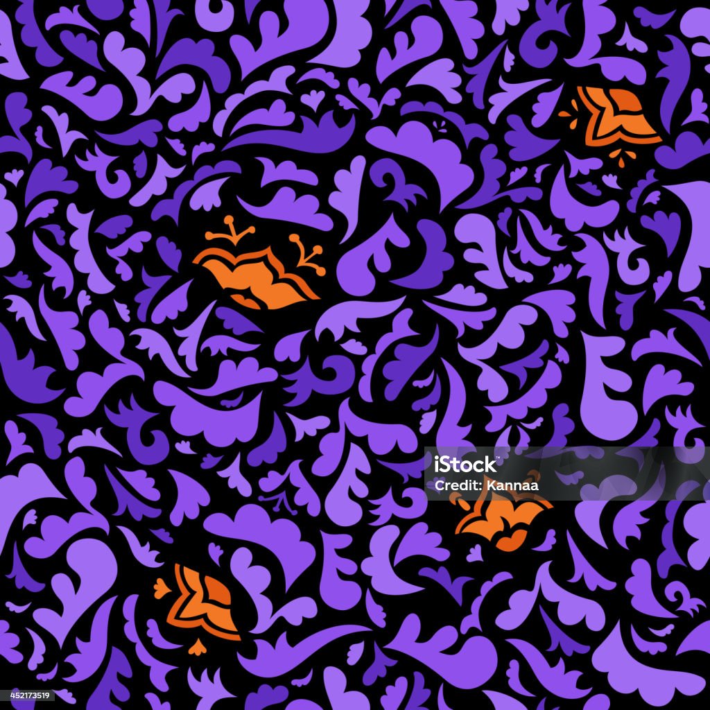 Abstrato violeta, laranja e preto, sem costura padrão com fundo floral - Royalty-free Abstrato arte vetorial