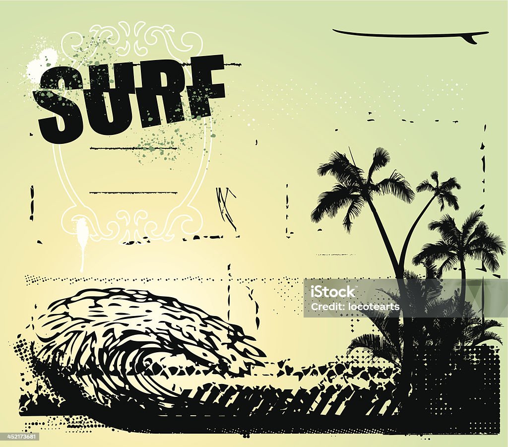 Scène de surf avec big wave palms et table basse - clipart vectoriel de Palmier libre de droits