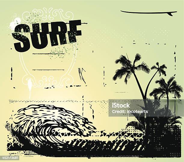 Scène De Surf Avec Big Wave Palms Et Table Basse Vecteurs libres de droits et plus d'images vectorielles de Palmier - Palmier, Pochoir, Activité de loisirs