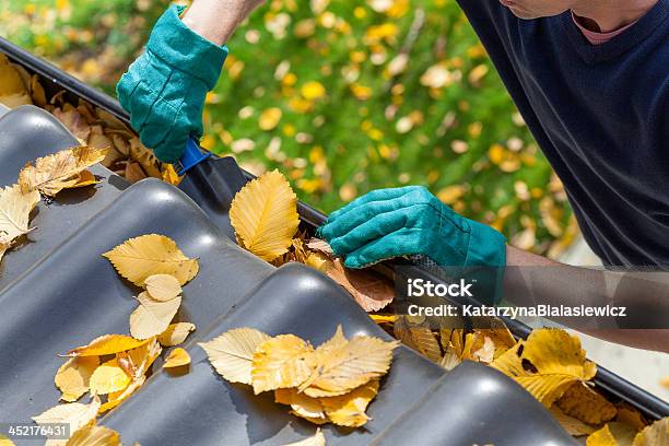 Man Cleaning The Gutter Stock Photo - Download Image Now - Roof Gutter, Cleaning, Rooftop