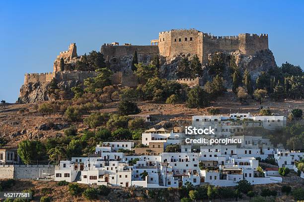 Lindos Castle And Village Stock Photo - Download Image Now - Blue, Castle, Europe