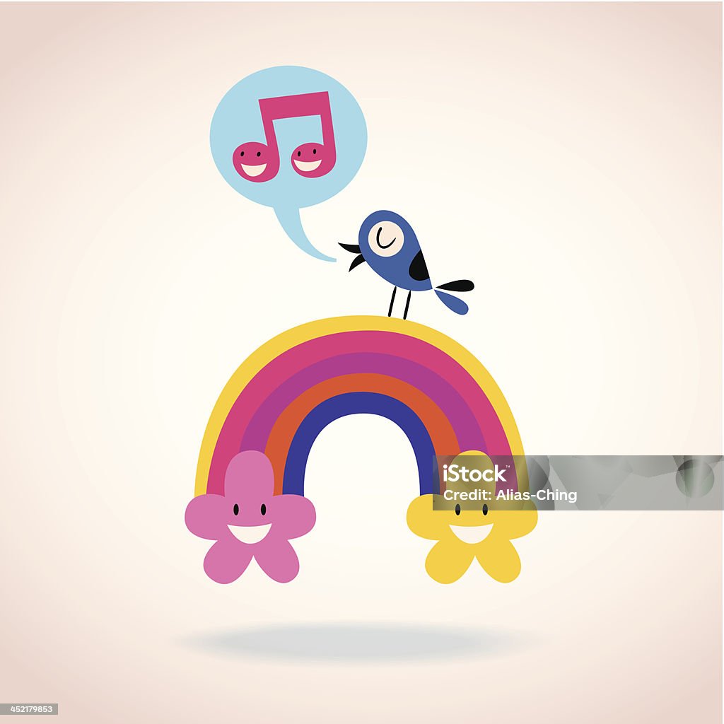 rainbow flowers and singing bird cute rainbow flowers and singing bird Anthropomorphic Smiley Face stock vector