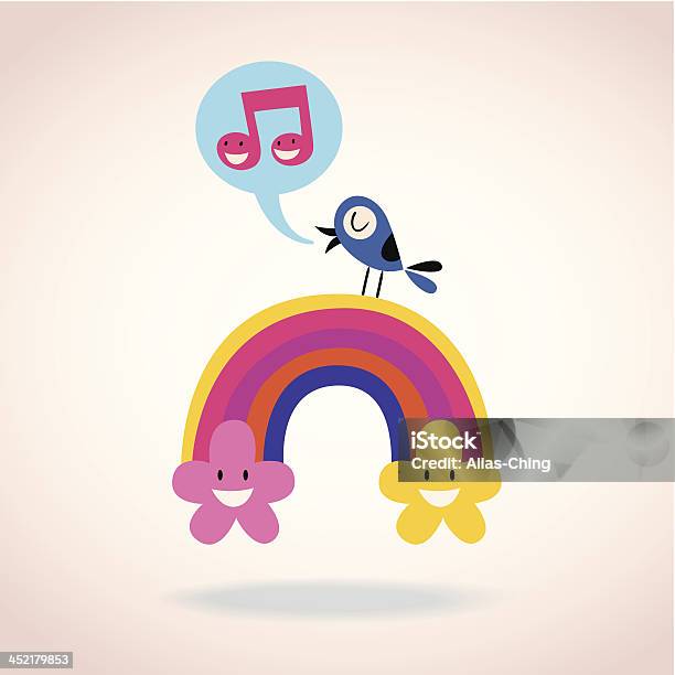 Rainbow Flowers And Singing Bird Stock Illustration - Download Image Now - Anthropomorphic Smiley Face, Bird, Bluebird - Bird