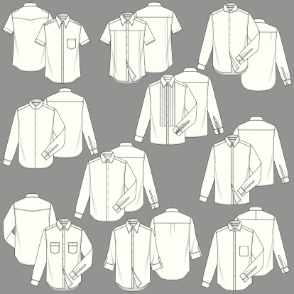 Fully editable men's shirt fashion illustration templates. 10 different basic styles, including 2 short sleeve shirts, 8 long sleeve shirts, 10 collars and sleeve cuffs are all different. every components in this file are individual for you to easy customize your own style.