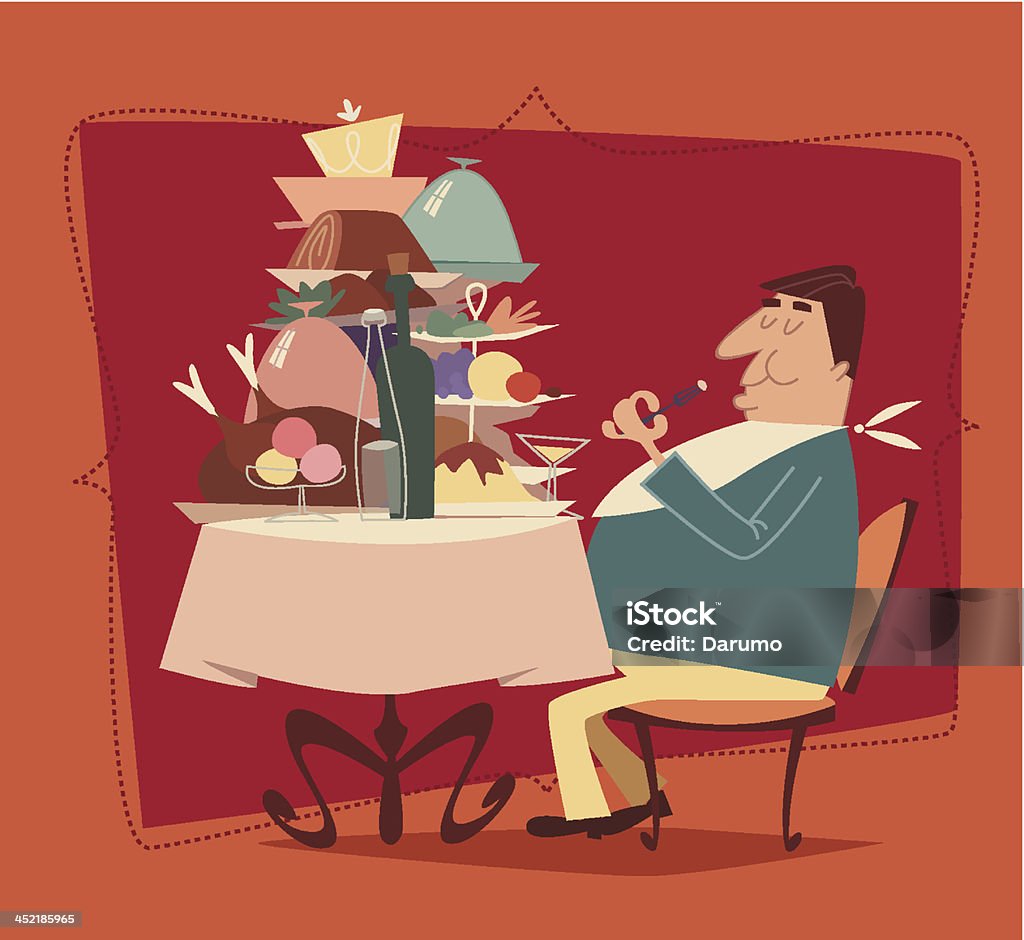 Grasa hombre comiendo en un restaurante. Retro vector ilustración - arte vectorial de Comer demasiado libre de derechos