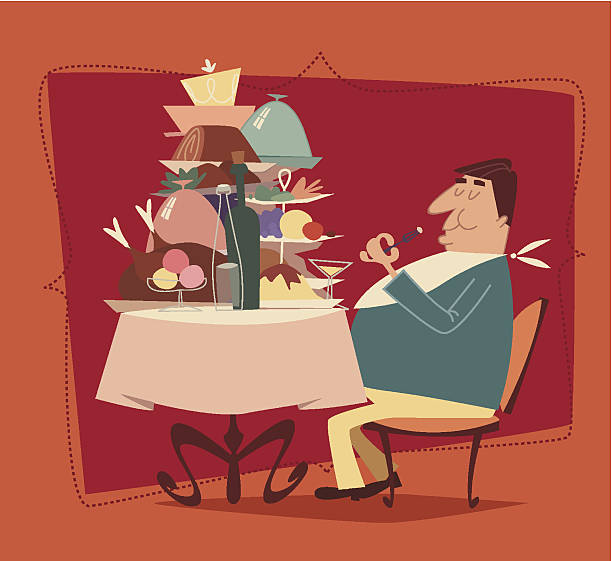 Fat man eating in a restaurant. Retro style vector illustration EPS10 Vector illustration. Contains transparency. greedy stock illustrations