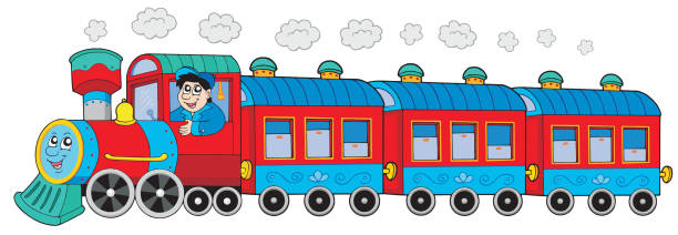 steam locomotive mit motor fahrer und waggons - single object machine classic style stock-grafiken, -clipart, -cartoons und -symbole
