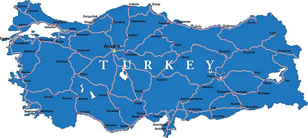 Vector illustration of Blue illustrated map of Turkey divided into regions