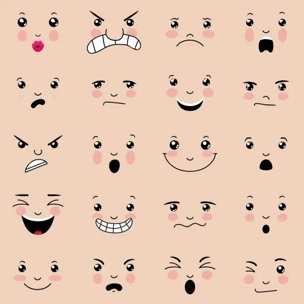 Vector illustration of Various facial expressions with pink cheeks 
