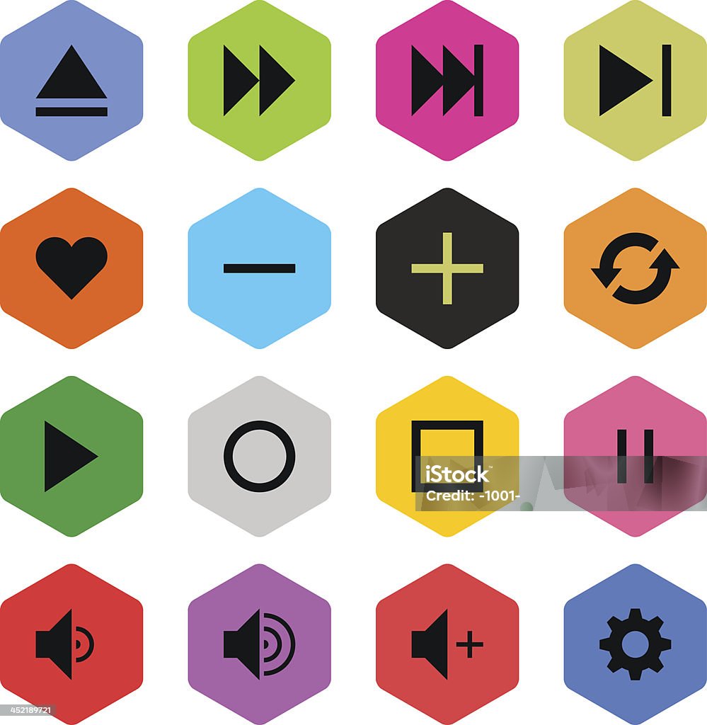 Media player señal de color simple icono botón hexagonales estilo plano - arte vectorial de Hexágono libre de derechos
