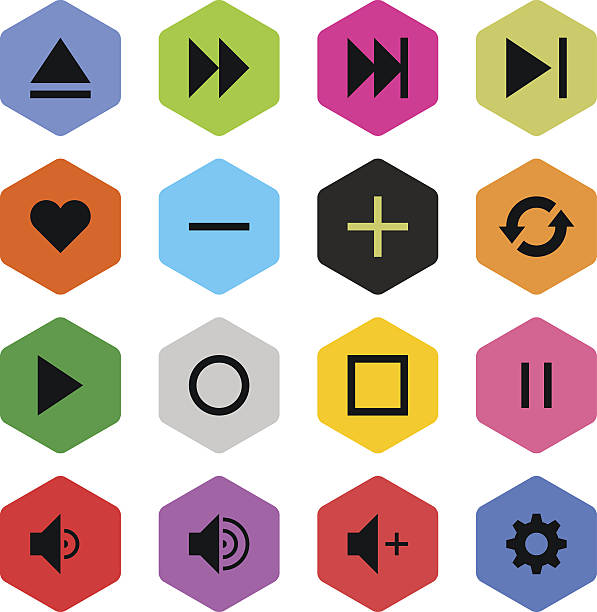 미디어 플레이어 팻말 백색과 육각형 버튼을 간단한 아이콘크기 평편 스타일 - solid sign hexagon media player stock illustrations