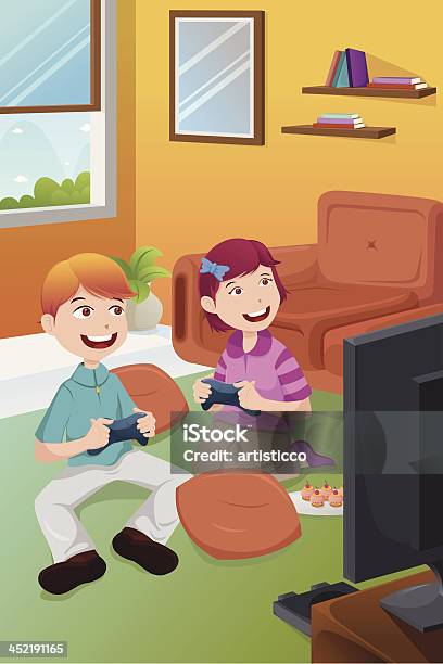 Crianças Jogar Jogos De Vídeo Em Casa - Arte vetorial de stock e mais imagens de Criança - Criança, Ilustração, Televisor