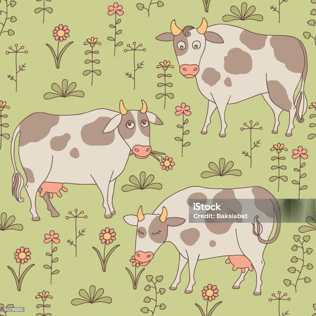Vacas pastando em um Prado - Vetor de Alegria royalty-free