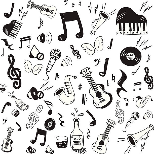 hand drawn music icon set - müzik notası illüstrasyonlar stock illustrations