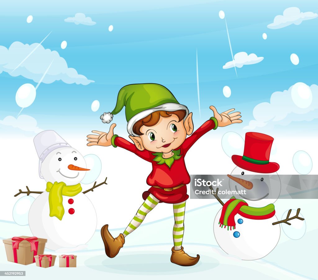 Elve e um boneco de neve - Vetor de Adulto royalty-free