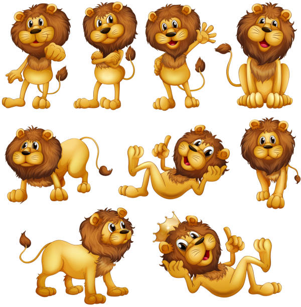 illustrazioni stock, clip art, cartoni animati e icone di tendenza di leoni in diverse posizioni - four legged