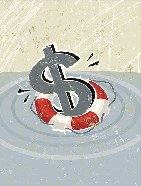 Simple Life Ring Saving a Dollar Symbol Life Saver! A stylized vector cartoon of a life preserver with a Dollar reminiscent of an old screen print poster and suggesting consequences, risk, danger, life saver, safety, protection, savings, investment, safety, insurance, or protection. Ring, Dollar, paper texture, and background are on different layers for easy editing. Please note: clipping paths have been used, an eps version is included without the path. us recession stock illustrations