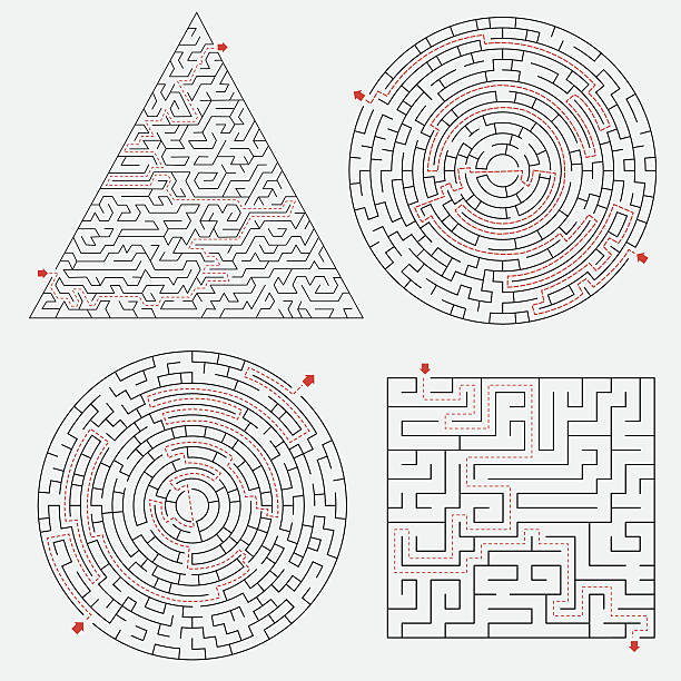 Maze set with solutions Different type of mazes with solutions. Aics3 and hi-res jpg files are included. circular maze stock illustrations