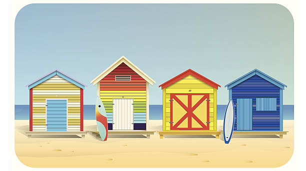 Summer beach huts Vector illustration of a color stripe beach huts. With surfboards and beach enviroment. EPS10 File. All elements are in separate layers . Easy to modify beach hut stock illustrations
