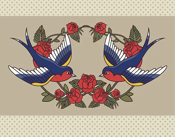 Vector illustration of Old school frame with roses and birds