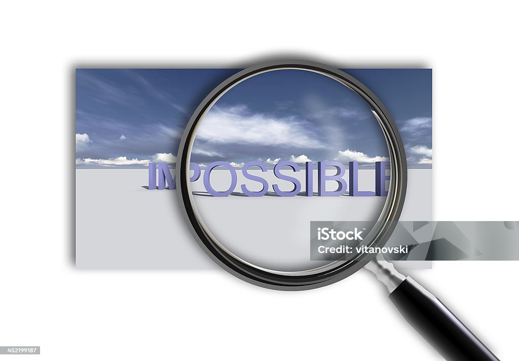 Make it possible. Motivational concept Close up of magnifying glass on impossible made in 3d software Adversity Stock Photo