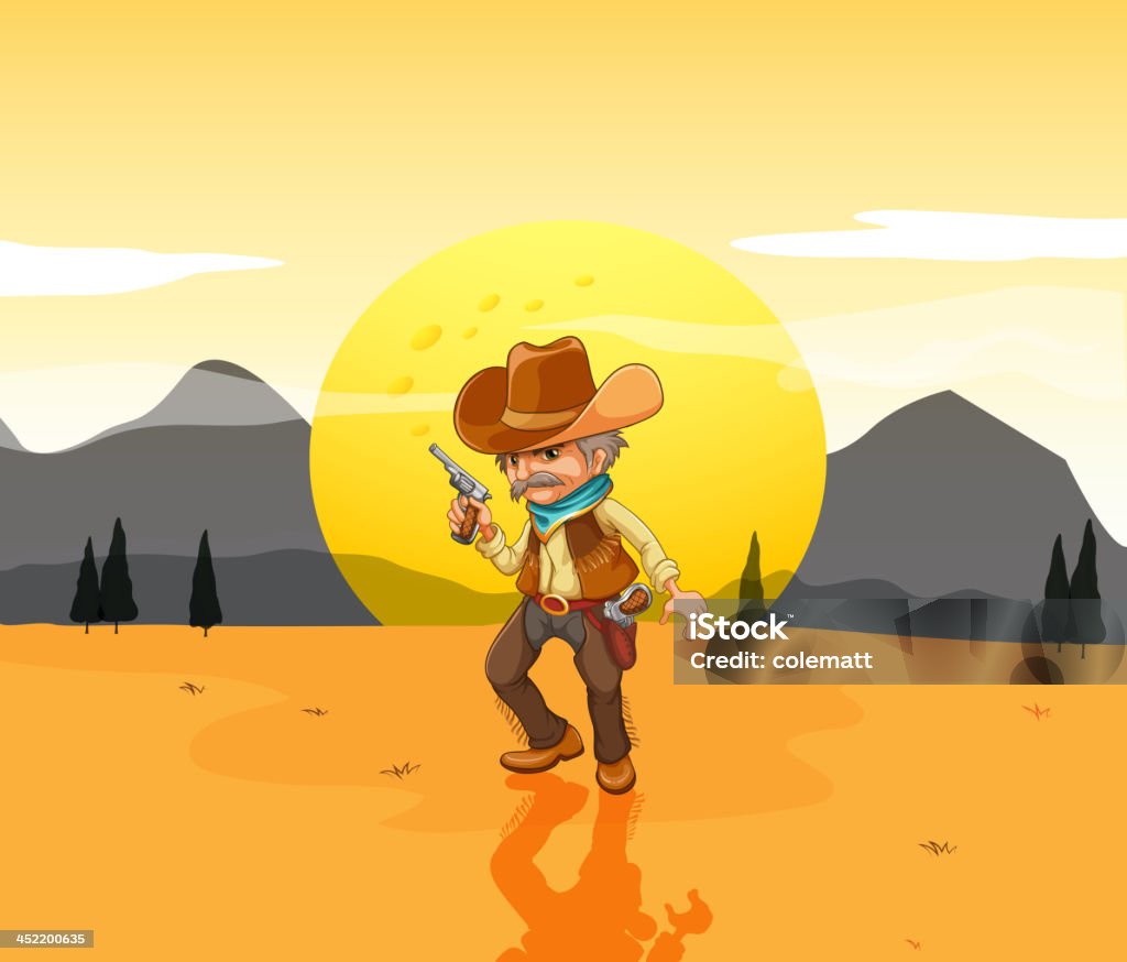 Deserto con un cowboy armato - arte vettoriale royalty-free di Adulto