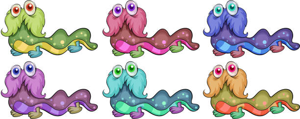 Six worm-like monsters Six worm-like monsters on a white background three legged race stock illustrations