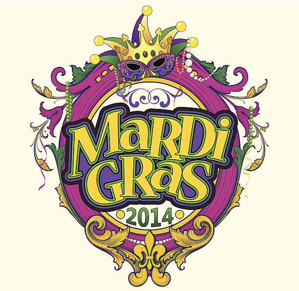 Mardi Gras Text Frame Designed by a hand engraver. Highly ornate Mardi Gras frame with mask, beads, and ornamental scrollwork for Carnival season. Date can be easily changed for different years. purple and gold masquerade masks stock illustrations