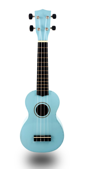 Ukulele guitar blue color and a white background