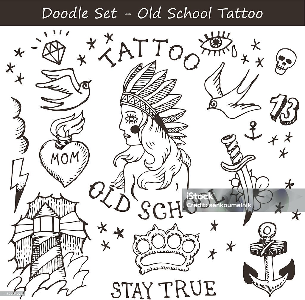 Tattoo doodles Big set of handdrawn old school tattoo flashes Dagger stock vector