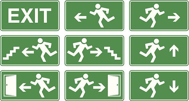 illustrazioni stock, clip art, cartoni animati e icone di tendenza di l'uscita - fire exit sign