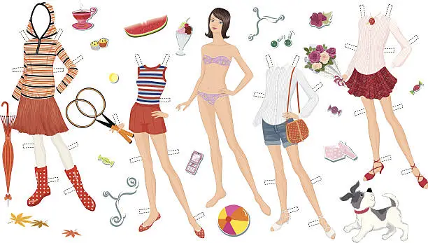 Vector illustration of A paper doll with lots of fashionable outfits