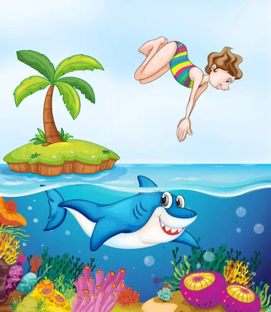 Vector illustration of Island, corel, shark and girl diving