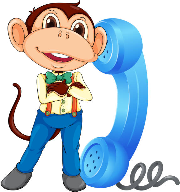 ilustraciones, imágenes clip art, dibujos animados e iconos de stock de mono con receptor - telephone chimpanzee monkey on the phone