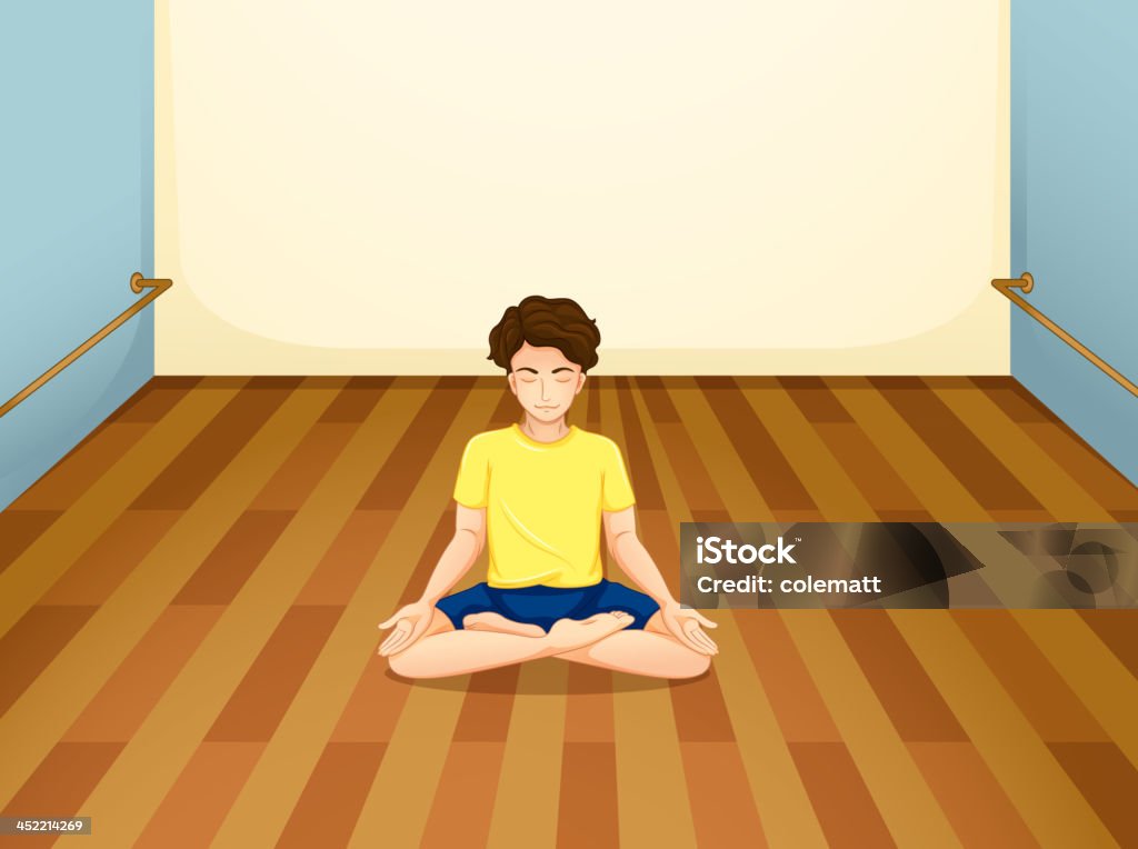 Hombre con camisa amarilla realizar yoga - arte vectorial de Adulto libre de derechos