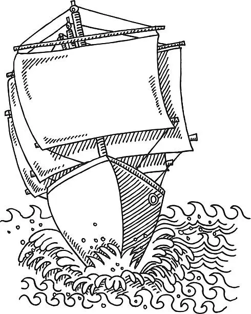Vector illustration of Sailing Ship Full Sails Drawing