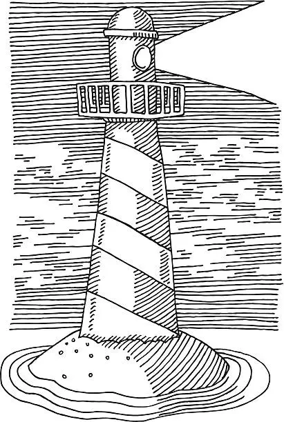 Vector illustration of Lighthouse Night Sea Drawing