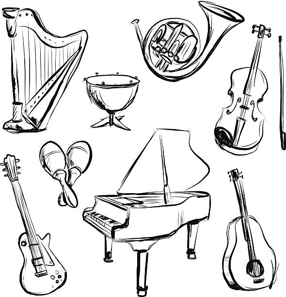 ilustrações, clipart, desenhos animados e ícones de instrumento de música n estilo desenho em carvão - close up musical instrument saxophone jazz