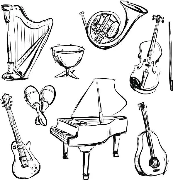 Vector illustration of Music instrument n charcoal sketch style