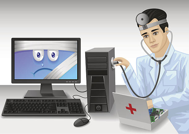 ilustrações de stock, clip art, desenhos animados e ícones de reparação do computador - computer bug stethoscope computer problems